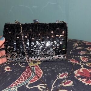 Vanessa Black and Silver Sequin Beaded Clutch Shoulder Bag